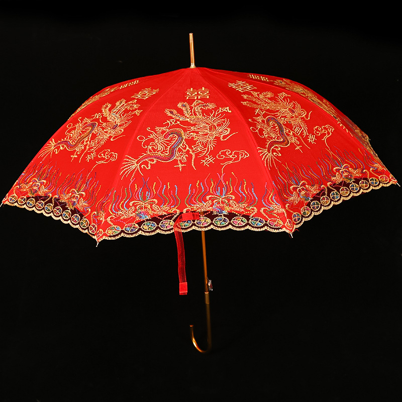 Wedding Dowry Chinese Embroidery Creative Wedding Festive Red Lace Wedding Long Handle Umbrella Bridal Wedding Supplies