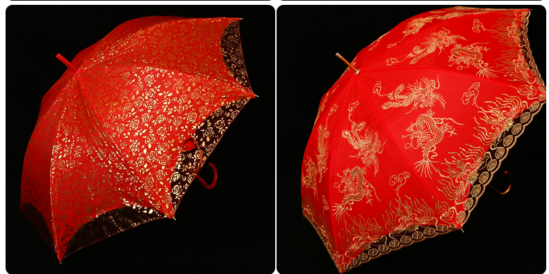 Wedding Dowry Chinese Embroidery Creative Wedding Festive Red Lace Wedding Long Handle Umbrella Bridal Wedding Supplies