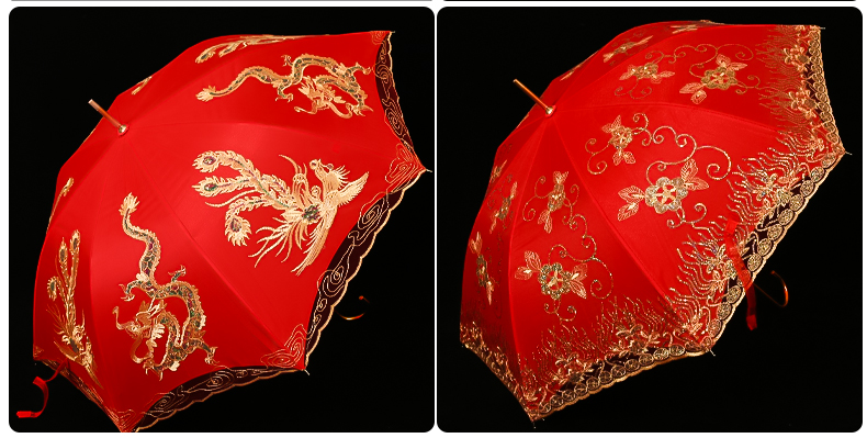 Wedding Dowry Chinese Embroidery Creative Wedding Festive Red Lace Wedding Long Handle Umbrella Bridal Wedding Supplies