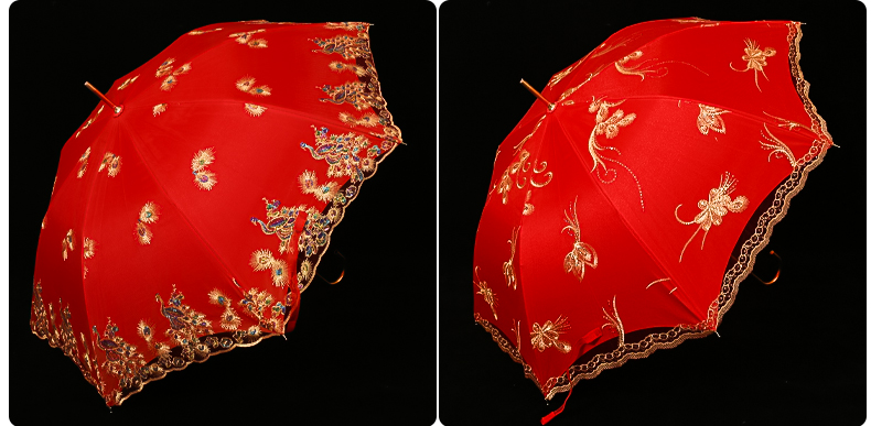 Wedding Dowry Chinese Embroidery Creative Wedding Festive Red Lace Wedding Long Handle Umbrella Bridal Wedding Supplies