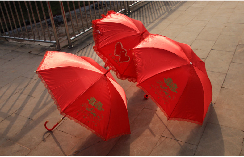 Wedding Dowry Chinese Embroidery Creative Wedding Festive Red Lace Wedding Long Handle Umbrella Bridal Wedding Supplies