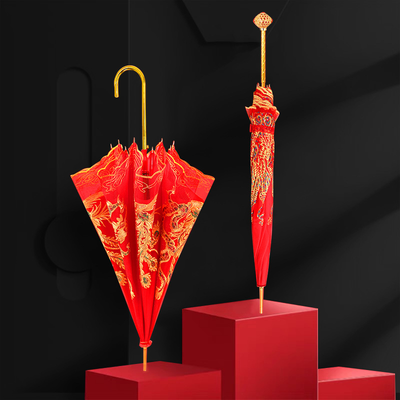 Red Umbrella Wedding Bride Umbrella Wedding Ceremony High-Grade Lace Embroidered Red Long Handle Festive Umbrella
