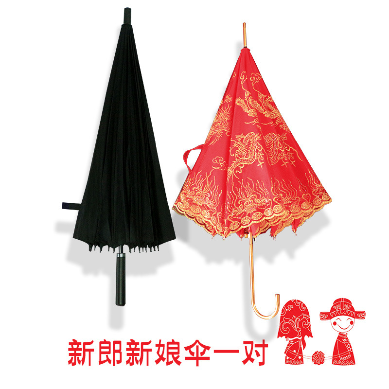 Red Umbrella Wedding Bride Umbrella Wedding Ceremony High-Grade Lace Embroidered Red Long Handle Festive Umbrella