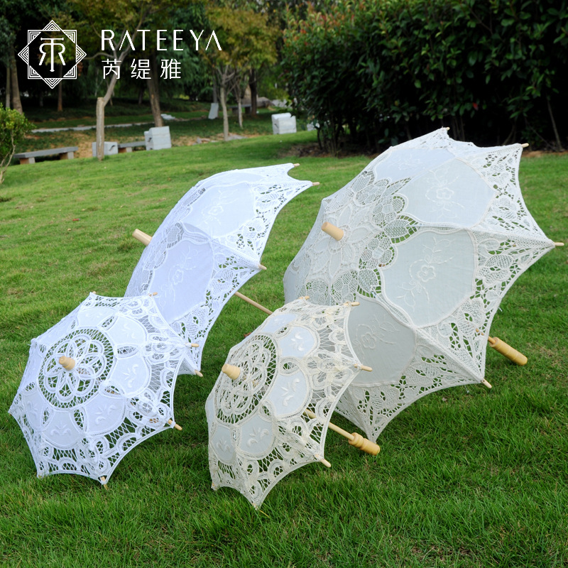 Decorative Umbrella Palace Wedding Lace Umbrella Bride Lace Umbrella White Bridesmaid Flower Girl Wooden Handle Umbrella
