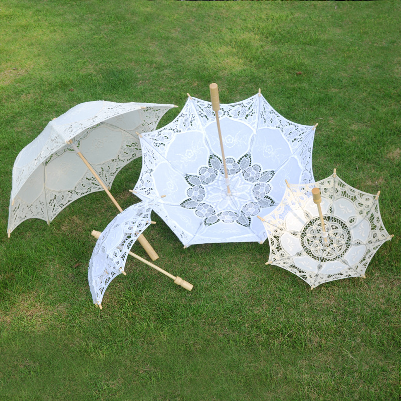 Decorative Umbrella Palace Wedding Lace Umbrella Bride Lace Umbrella White Bridesmaid Flower Girl Wooden Handle Umbrella