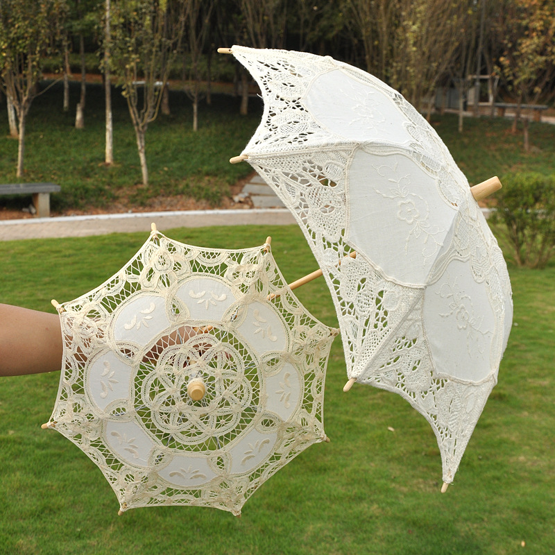 Decorative Umbrella Palace Wedding Lace Umbrella Bride Lace Umbrella White Bridesmaid Flower Girl Wooden Handle Umbrella