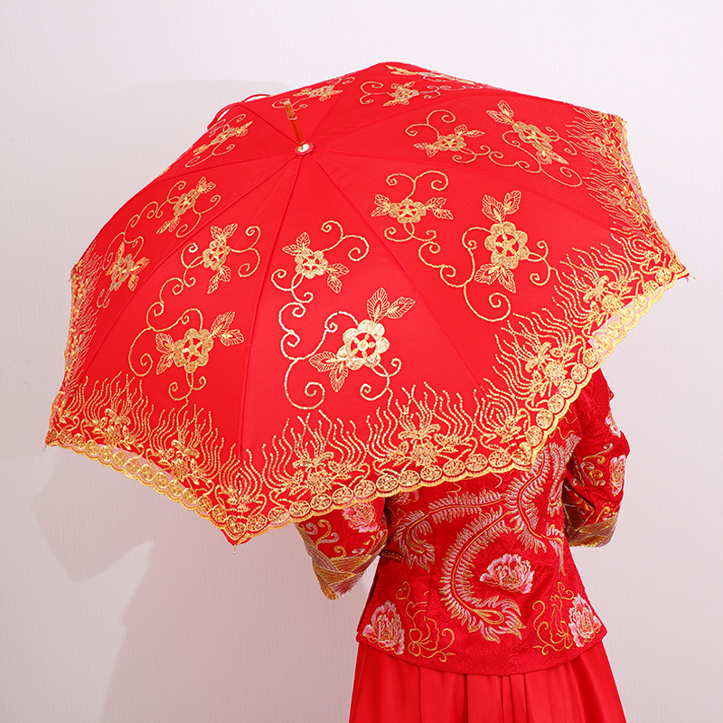 Wedding Red Umbrella Lace Craft Umbrella Sun Protection Dance Umbrella Wedding Supplies Bridal Wedding Folding Long Handle Umbrella