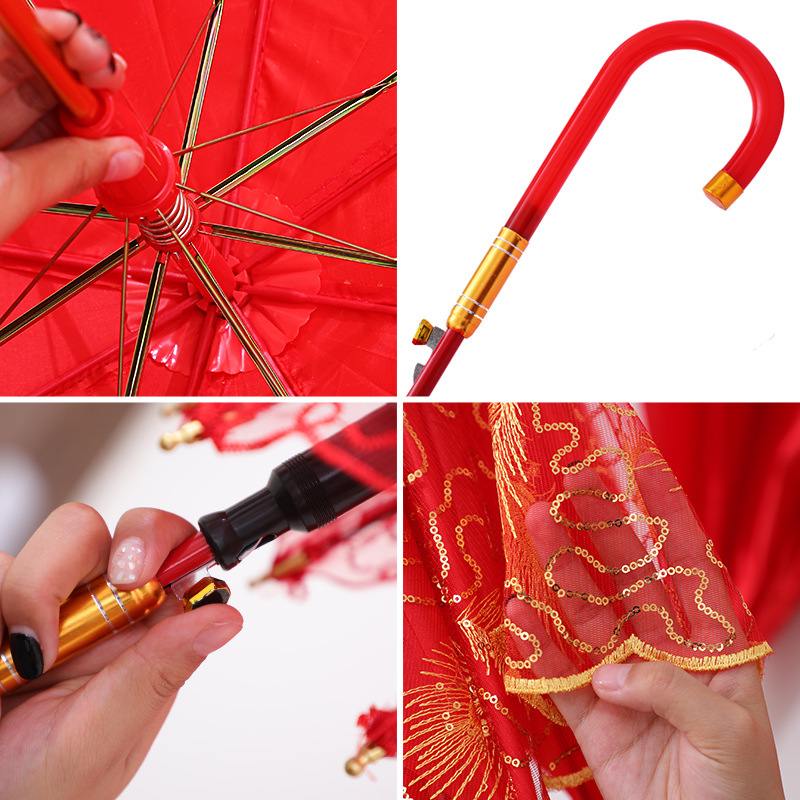 Wedding Red Umbrella Lace Craft Umbrella Sun Protection Dance Umbrella Wedding Supplies Bridal Wedding Folding Long Handle Umbrella