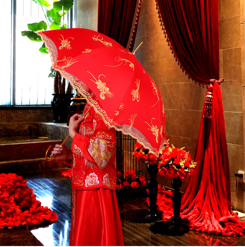 Wedding Red Umbrella Lace Craft Umbrella Sun Protection Dance Umbrella Wedding Supplies Bridal Wedding Folding Long Handle Umbrella