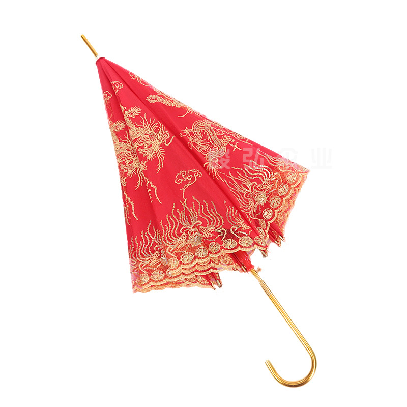 Bride Umbrella Lace Embroidered Sunshade Umbrella Festive Umbrella Dragon and Phoenix Auspicious Wedding Red Umbrella