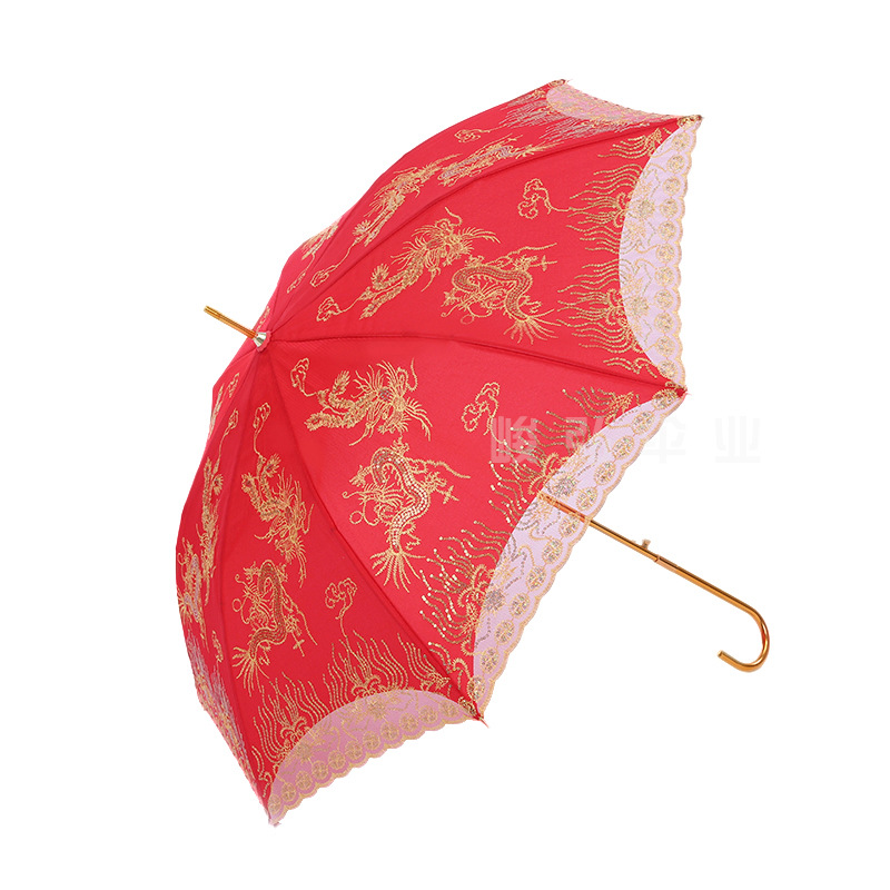 Bride Umbrella Lace Embroidered Sunshade Umbrella Festive Umbrella Dragon and Phoenix Auspicious Wedding Red Umbrella