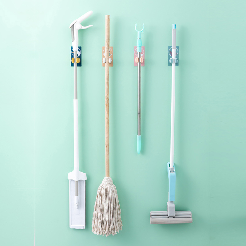 Non-punch Mop hook bathroom Mop Rack Cartoon wall-mounted broom to receive sticky hooks powerful self-adhesive clip