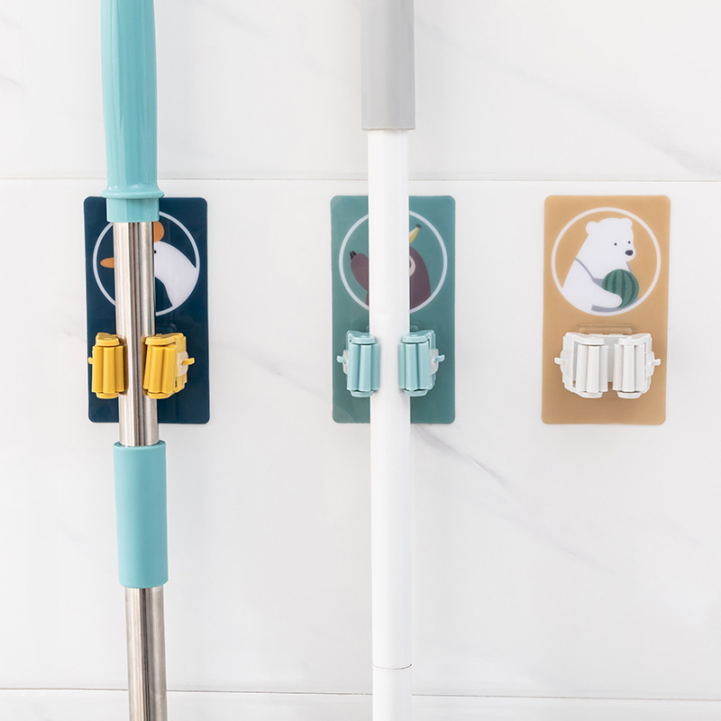 Non-punch Mop hook bathroom Mop Rack Cartoon wall-mounted broom to receive sticky hooks powerful self-adhesive clip