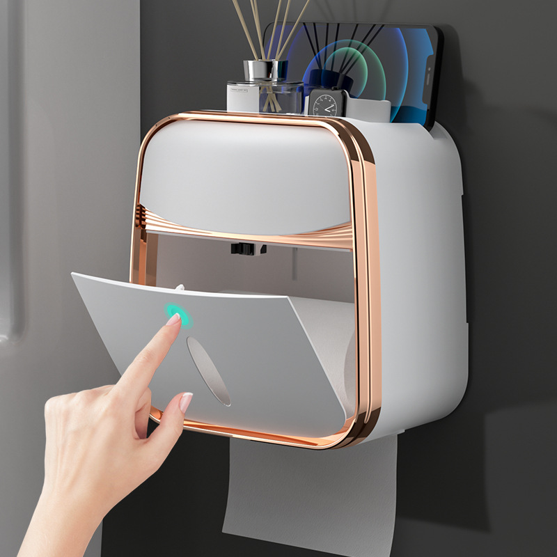 Toilet Tissue Box Wall-Mounted Waterproof Toilet Paper Box Free Punch Tissue Box Toilet Paper Roll Paper Storage Rack