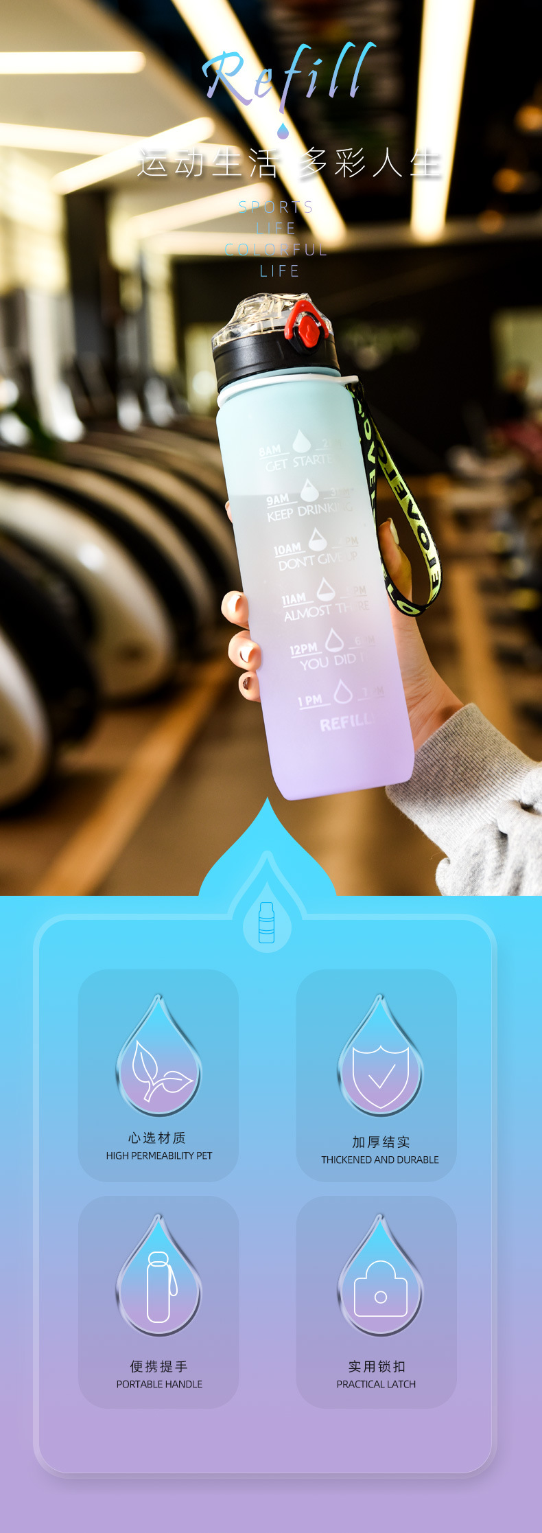 Large Capacity Straw Sports Cup Creative Outdoor Fitness Bottle Color Water Bottle Gradient Color Water Cup Wholesale