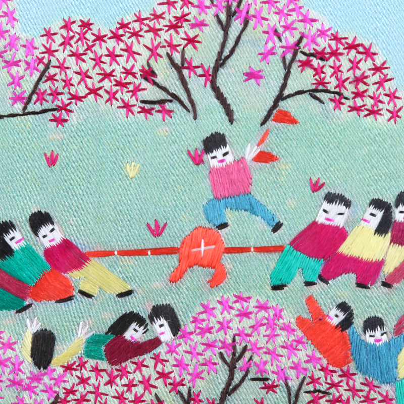 Tug of war theme pattern embroidery farmer painting