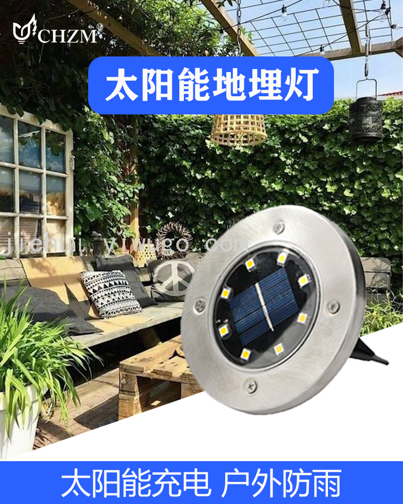New LED Solar Ground Lamp Warm White Light Waterproof Lawn Landscape Light round Stainless Steel Courtyard Lawn Lamp