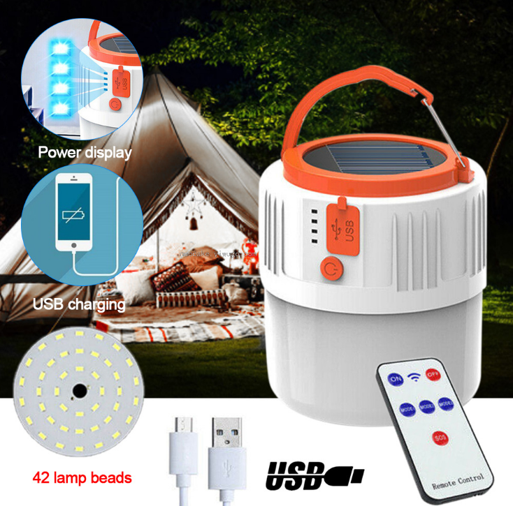 Solar Charging Bulb Light with Remote Control Outdoor Camping Light Tent Light Night Market Light USB Charging Bulb Ligh
