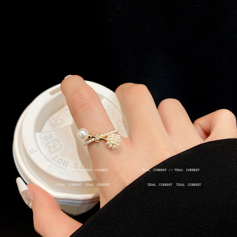 Korean Dongdaemun Open Ring Female Ins Niche High Sense Index Finger Ring Retro Balance Ball Hand Jewelry