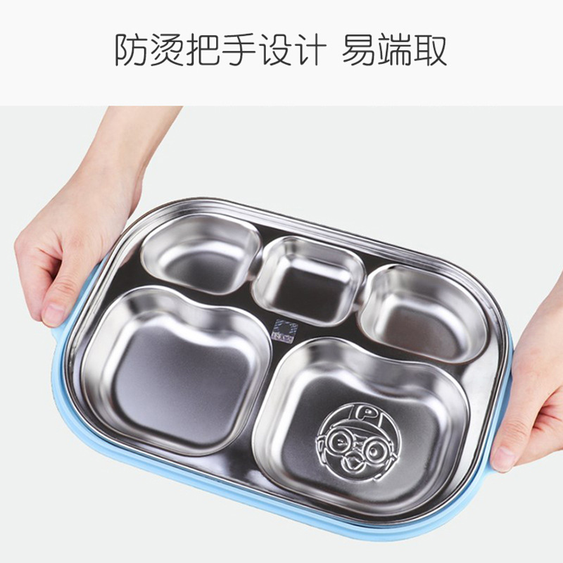 Korean Pororo Tableware 5-Grid Detachable Bento Lunch Box Blue Pink Portable Stainless Steel Compartment Plate