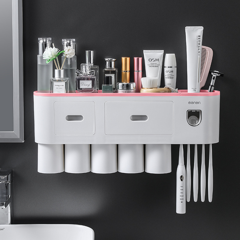 Creative Toothbrush Rack Hole-Free Gargle Toothbrush Cup Wall-Mounted Bathroom Storage Automatic Toothpaste Dispenser Creative Toothbrush Rack Hole-Free Gargle Toothbrush Cup Wall-Mounted Bathroom Storage Automatic Toothpaste Dispenser