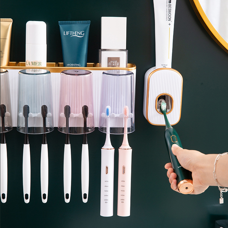 Toothbrush Rack Bathroom Wall-Mounted Light Luxury Punch-Free Tooth Cup Cleaning Kit Toothpaste Dispenser Tooth Cup