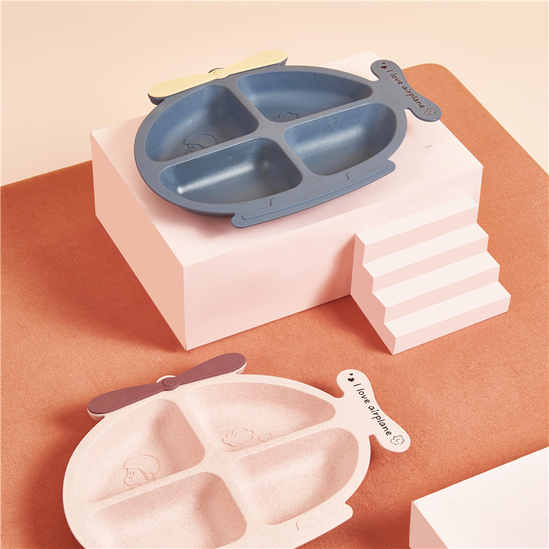 Children&#039;s 6-Piece Tableware Set Cute Aircraft Shape Grid Plate Baby Double-Ear Bowl Milk Cup Mouthwash Cup