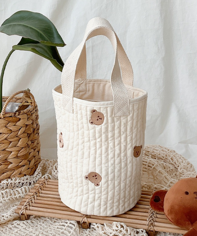 2021korean New Baby Stroller Storage Pannier Bag Feeding Bottle Diaper Bag Cotton Embroidery Portable Bucket Bag