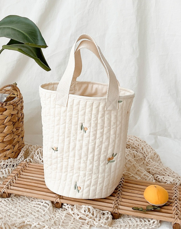 2021korean New Baby Stroller Storage Pannier Bag Feeding Bottle Diaper Bag Cotton Embroidery Portable Bucket Bag