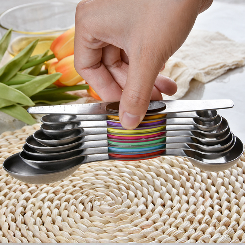 Stainless Steel Measuring Spoons-Dual Ends 8-Piece Baking Tool Belt Scale Measuring Magnetic Scraper Storage Spoon