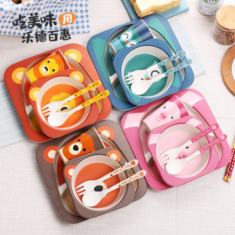 Bamboo fiber children&#039;s Shatterproof Cutlery Plate Compartments Baby Bowl Baby Feeding Bowl Forks and Spoons Set