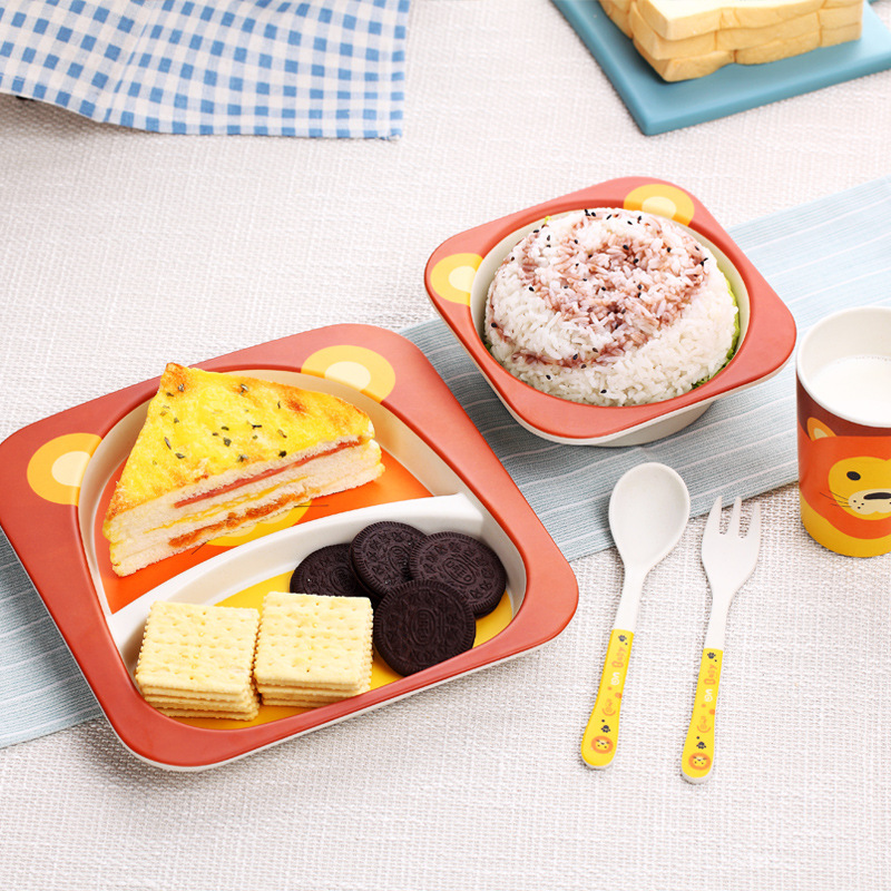 Bamboo fiber children&#039;s Shatterproof Cutlery Plate Compartments Baby Bowl Baby Feeding Bowl Forks and Spoons Set