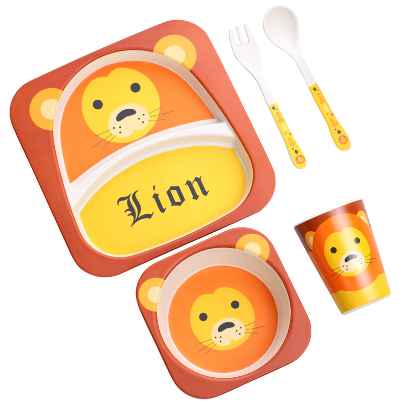 Bamboo fiber children&#039;s Shatterproof Cutlery Plate Compartments Baby Bowl Baby Feeding Bowl Forks and Spoons Set