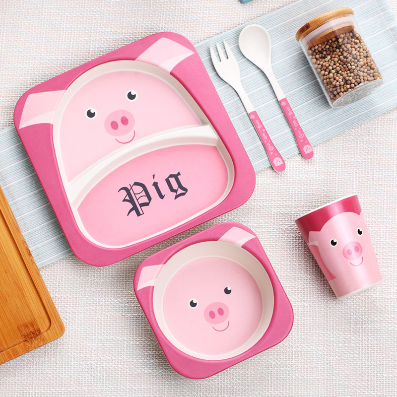 Bamboo fiber children&#039;s Shatterproof Cutlery Plate Compartments Baby Bowl Baby Feeding Bowl Forks and Spoons Set