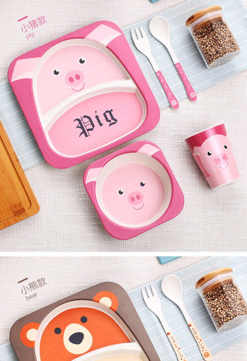 Bamboo fiber children's Shatterproof Cutlery Plate Compartments Baby Bowl Baby Feeding Bowl Forks and Spoons Set