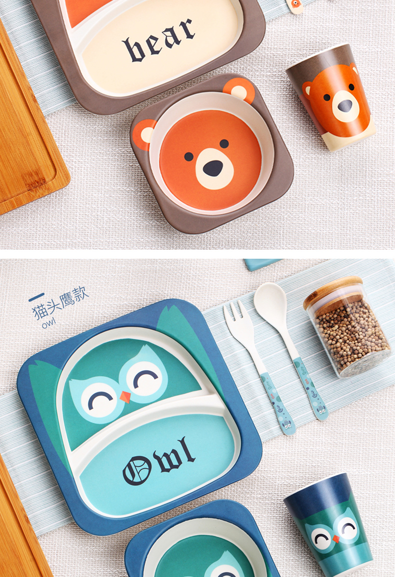 Bamboo fiber children's Shatterproof Cutlery Plate Compartments Baby Bowl Baby Feeding Bowl Forks and Spoons Set
