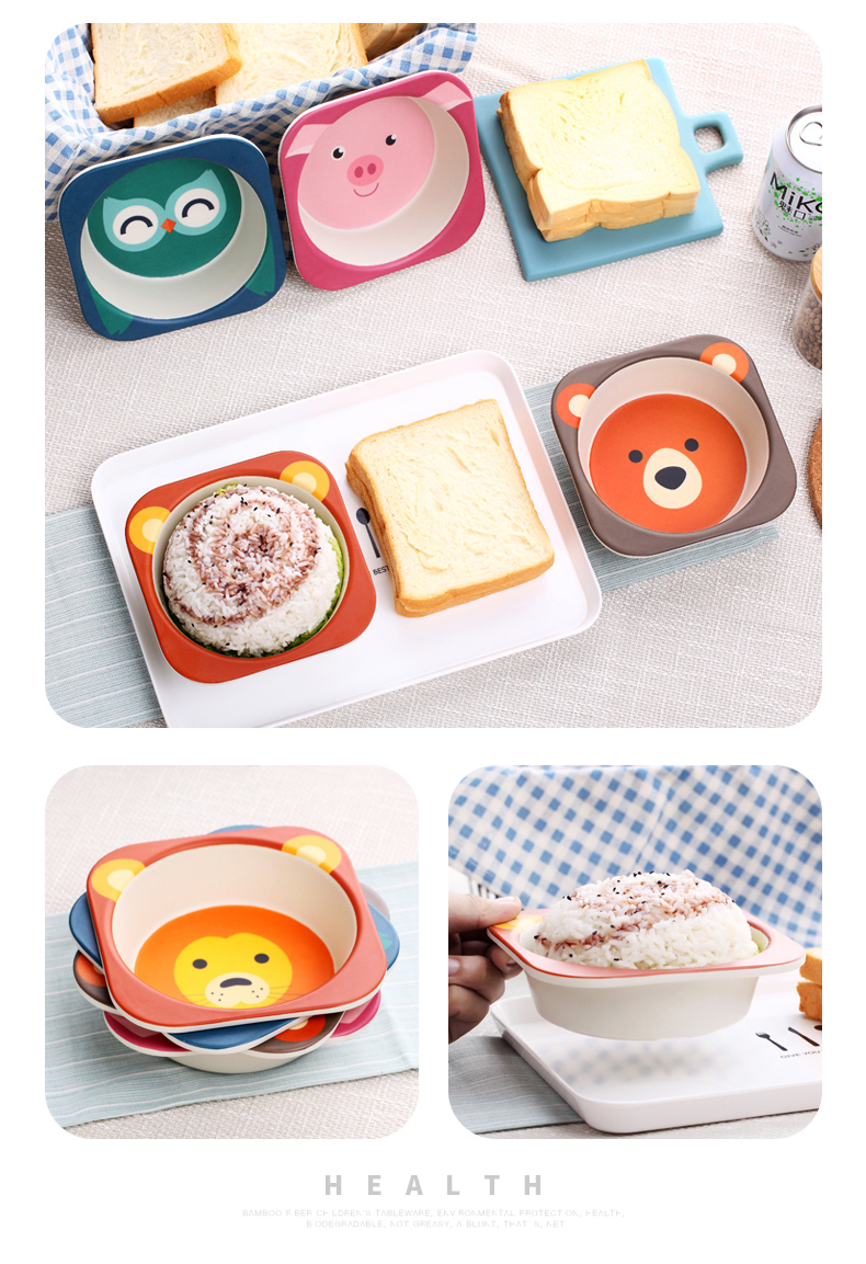 Bamboo fiber children's Shatterproof Cutlery Plate Compartments Baby Bowl Baby Feeding Bowl Forks and Spoons Set