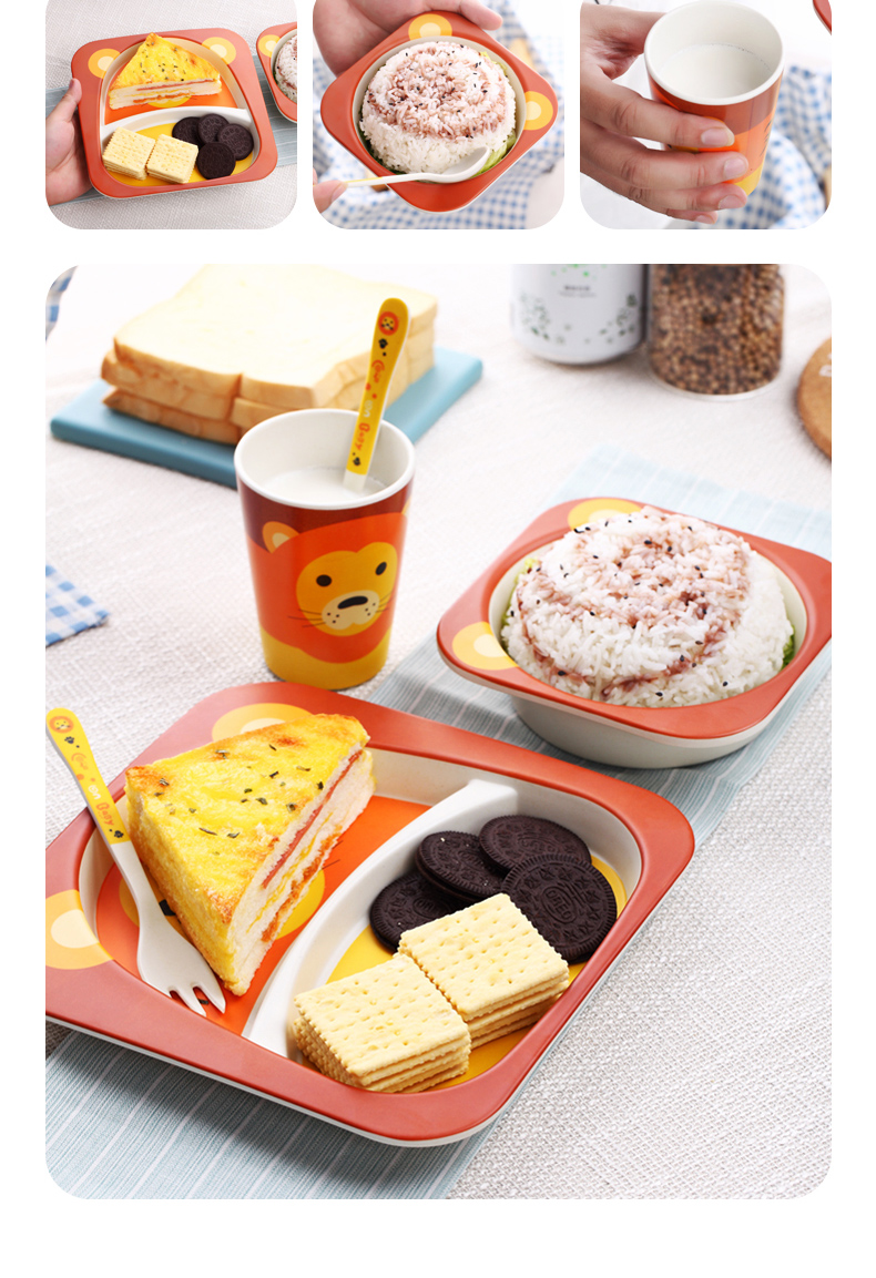 Bamboo fiber children's Shatterproof Cutlery Plate Compartments Baby Bowl Baby Feeding Bowl Forks and Spoons Set