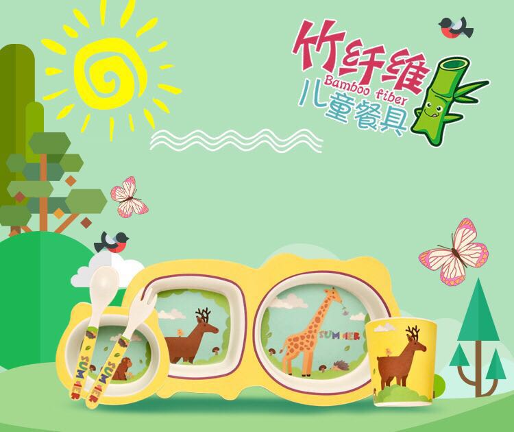 Bamboo Fiber Children's Tableware comes with a 5-piece Baby Cartoon Rice Bowl Set of Spoons and Forks