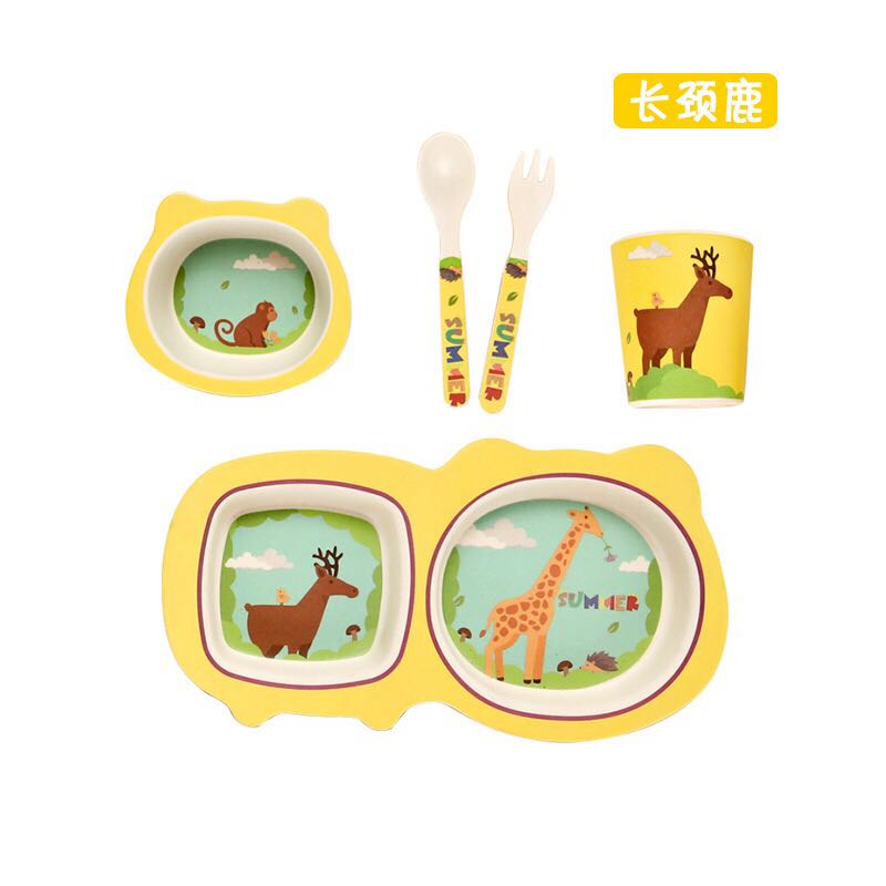 Bamboo Fiber Children&#039;s Tableware comes with a 5-piece Baby Cartoon Rice Bowl Set of Spoons and Forks
