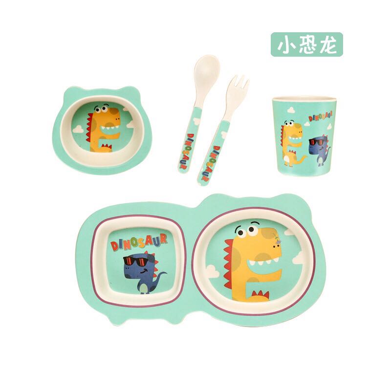 Bamboo Fiber Children&#039;s Tableware comes with a 5-piece Baby Cartoon Rice Bowl Set of Spoons and Forks