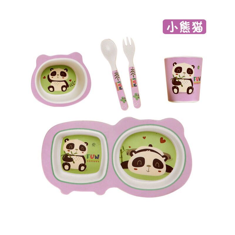 Bamboo Fiber Children&#039;s Tableware comes with a 5-piece Baby Cartoon Rice Bowl Set of Spoons and Forks