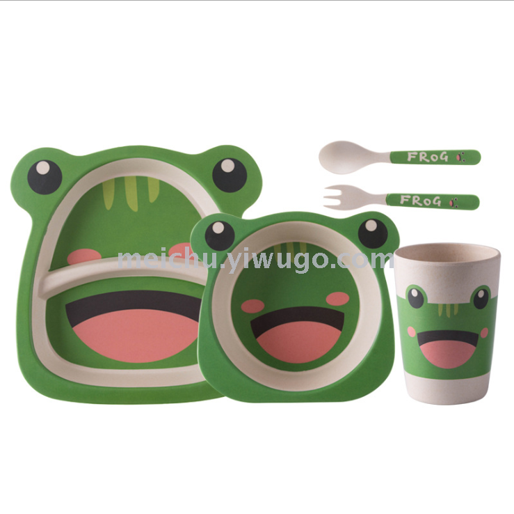 Children&#039;s bamboo fiber tableware healthy baby dishes fork spoons cute cartoon tableware set bowls and dishes