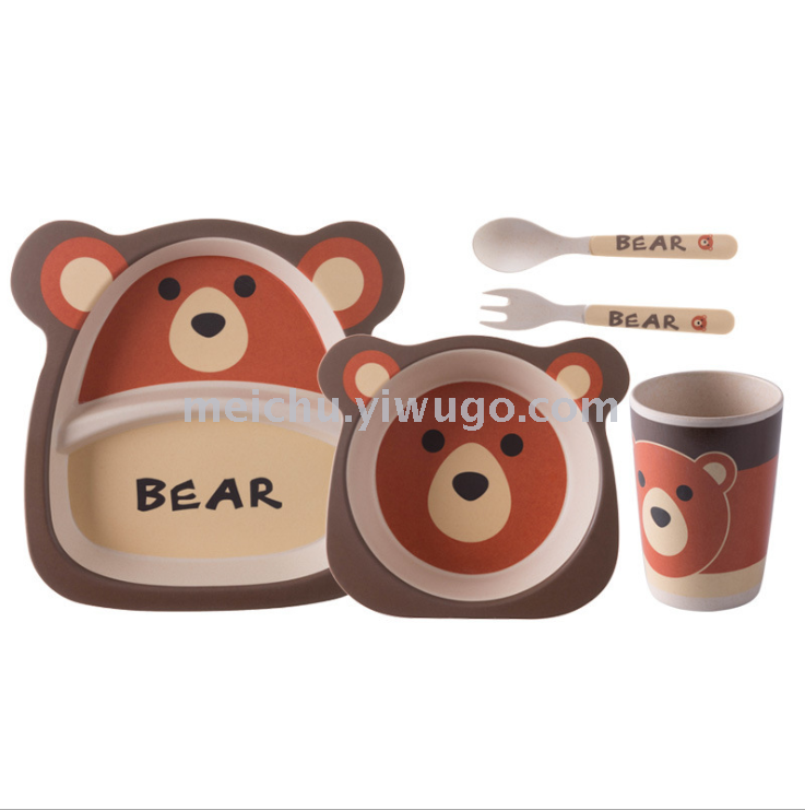 Children&#039;s bamboo fiber tableware healthy baby dishes fork spoons cute cartoon tableware set bowls and dishes