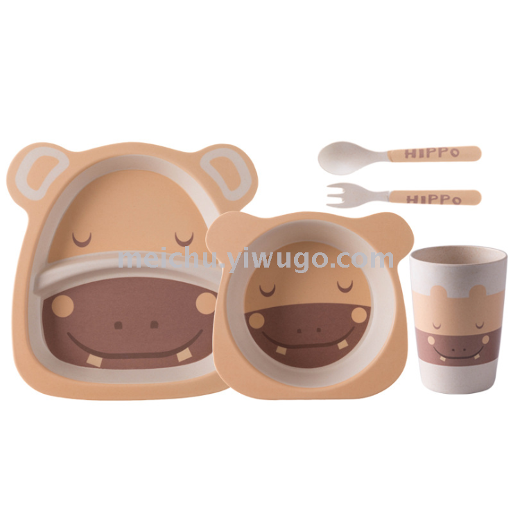 Children&#039;s bamboo fiber tableware healthy baby dishes fork spoons cute cartoon tableware set bowls and dishes