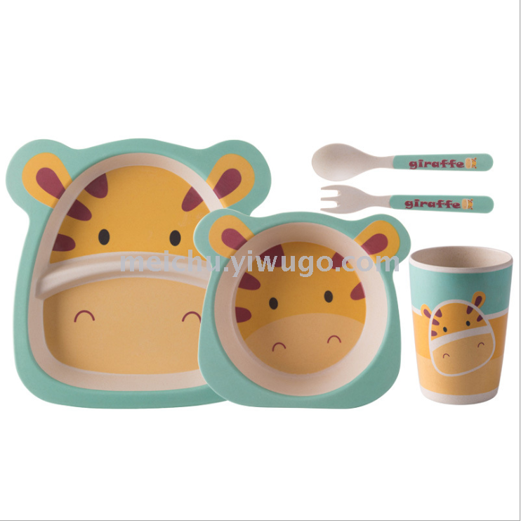 Children&#039;s bamboo fiber tableware healthy baby dishes fork spoons cute cartoon tableware set bowls and dishes
