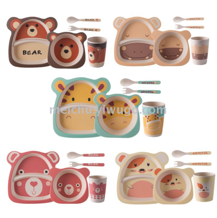 Children&#039;s bamboo fiber tableware healthy baby dishes fork spoons cute cartoon tableware set bowls and dishes