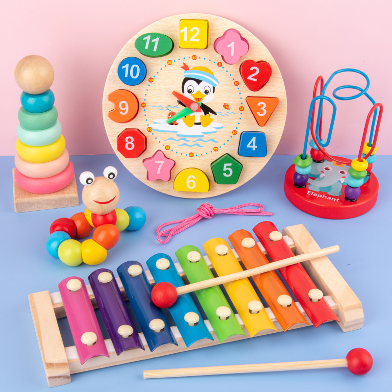 Infant Children&#039;s Eight-Tone Toy Piano Beaded Toy Worm Rainbow Tower Baby Early Education Educational Wooden Toys