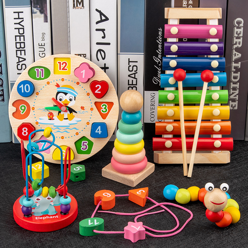 Infant Children&#039;s Eight-Tone Toy Piano Beaded Toy Worm Rainbow Tower Baby Early Education Educational Wooden Toys