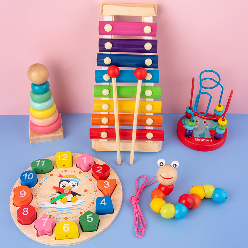 Infant Children&#039;s Eight-Tone Toy Piano Beaded Toy Worm Rainbow Tower Baby Early Education Educational Wooden Toys